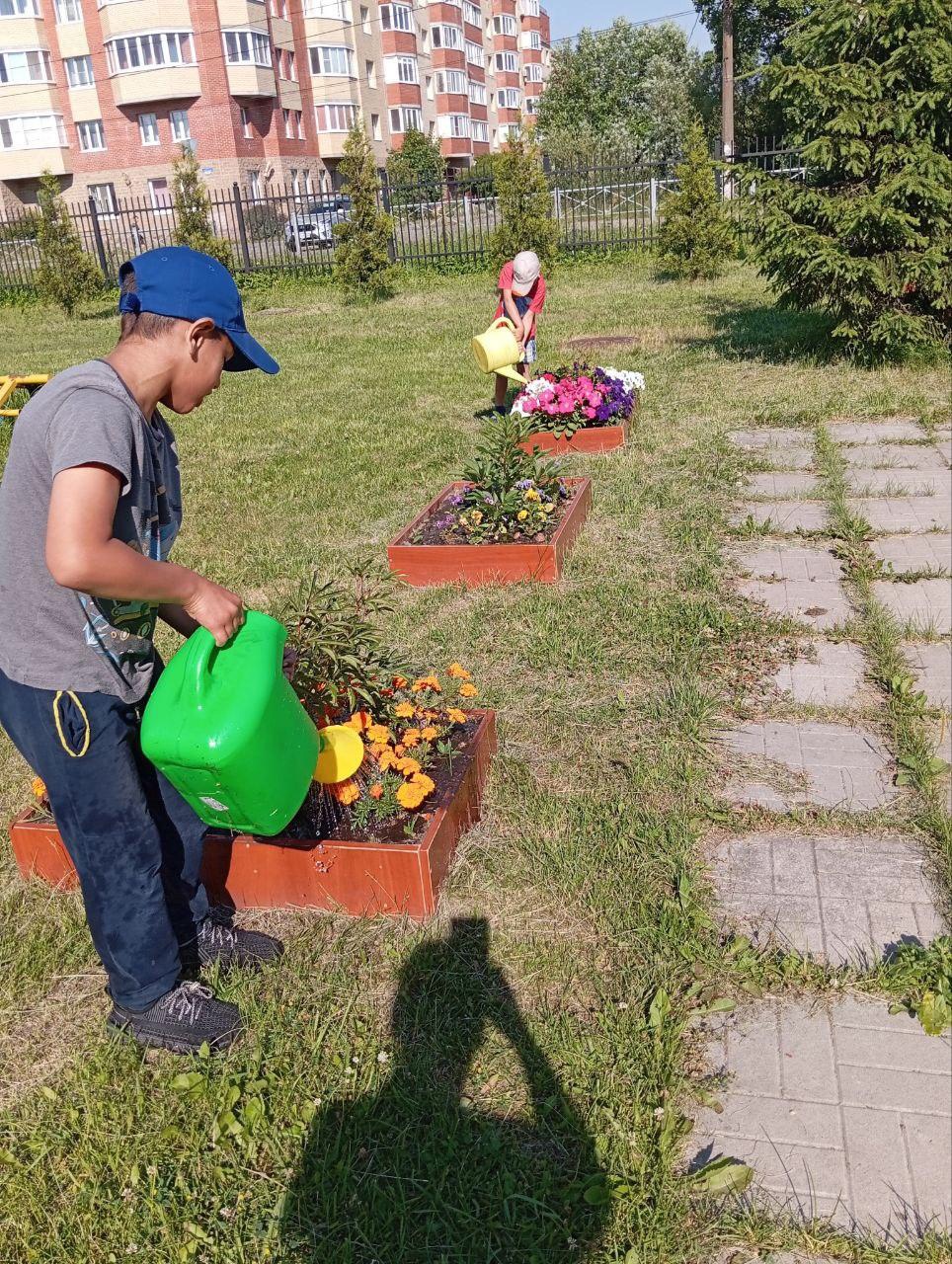 Жара! Ребята взялись за лейки и с удовольствием поливают все наши цветники и растения